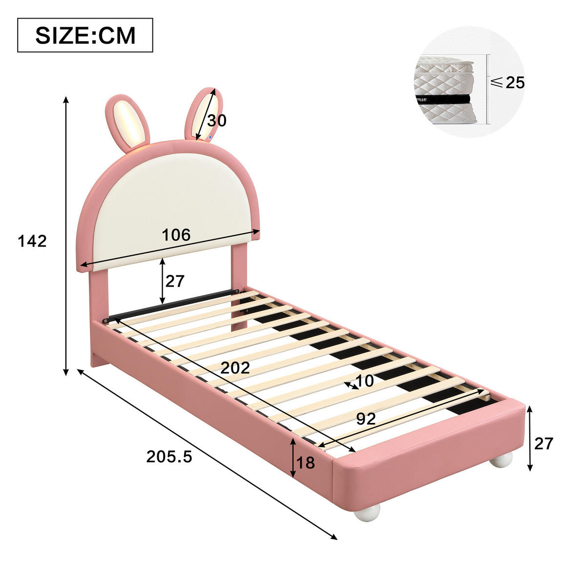 KINDERBETT Polsterbett 90/200 cm aus PU mit LED-Lichtleiste und Hasen-Kopfteil Rosa/Weiß - Weiß, Kunststoff (90/200cm) - Modenvie
