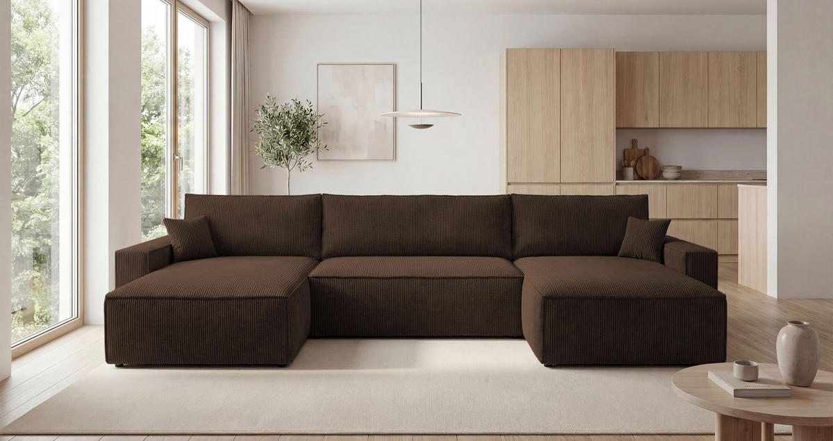 SEDACÍ souprava VIENNA tvar U hnědá manšestr Poso 6 - funkce spaní, úložný prostor - hnědá, textil (385/86/185cm) - Cornero