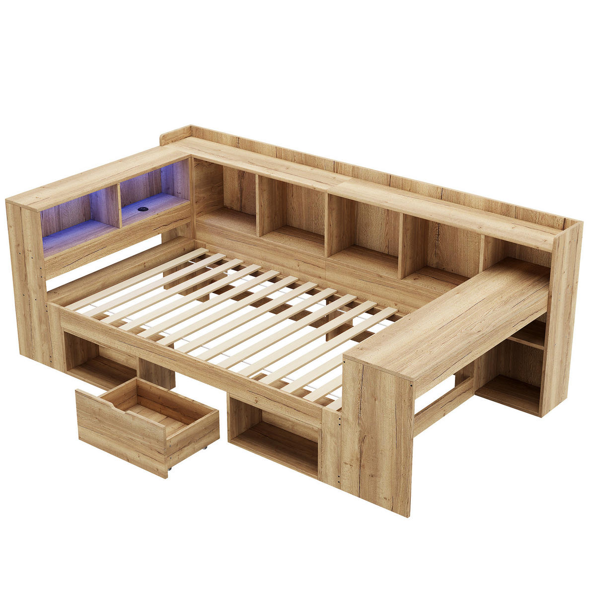 KINDERBETT 90/200 cm natur aus MDF mit LED, USB-C und Schreibtisch - Naturfarben, Holzwerkstoff (90/200cm) - OKWISH