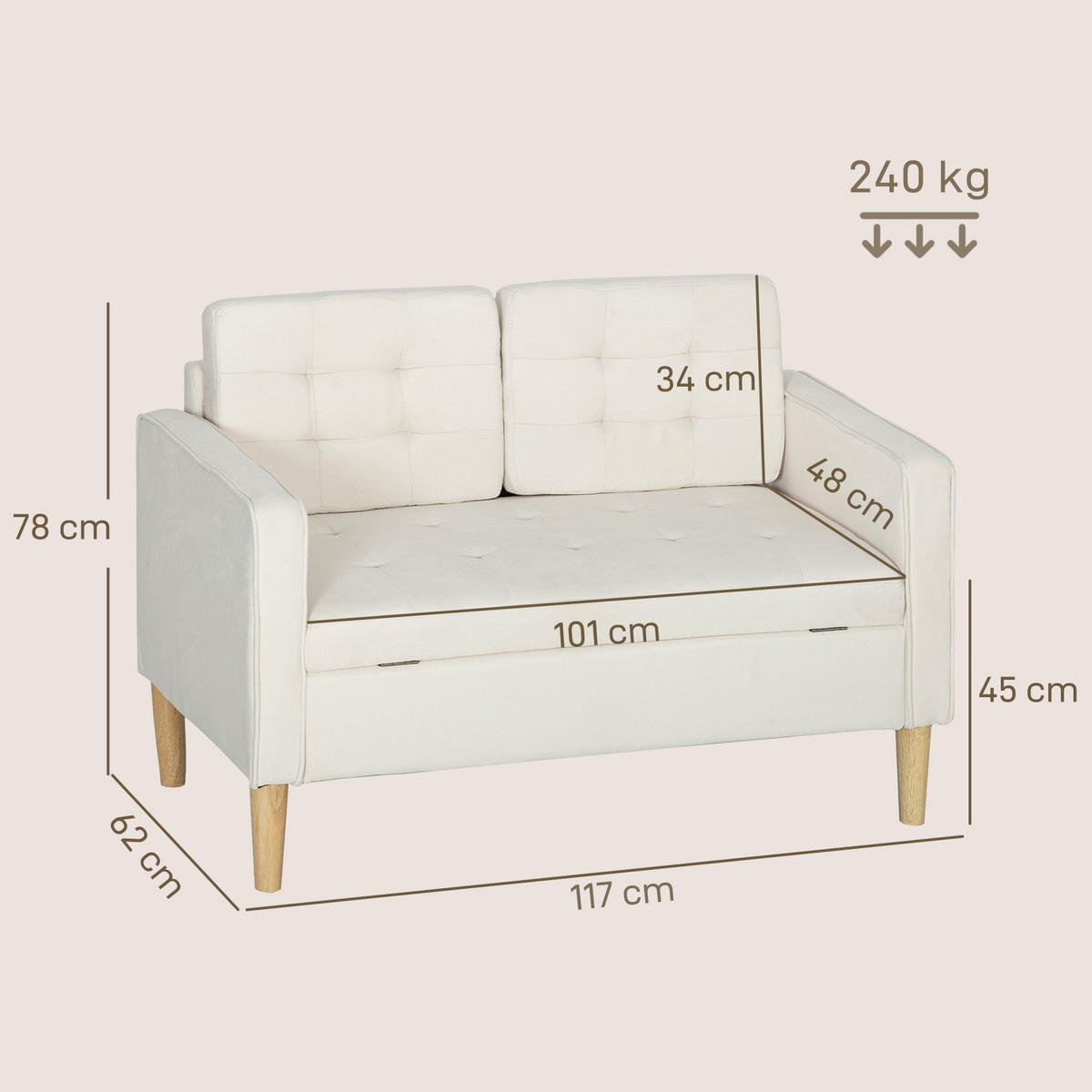 2 Sitzer Sofa, Couch mit Stauraum, Holzbeine, Gepolsterter Polstersofa, Cremeweiß - Eukalyptusholzfarben/Creme, Holz/Textil (62/78/117cm) - HOMCOM