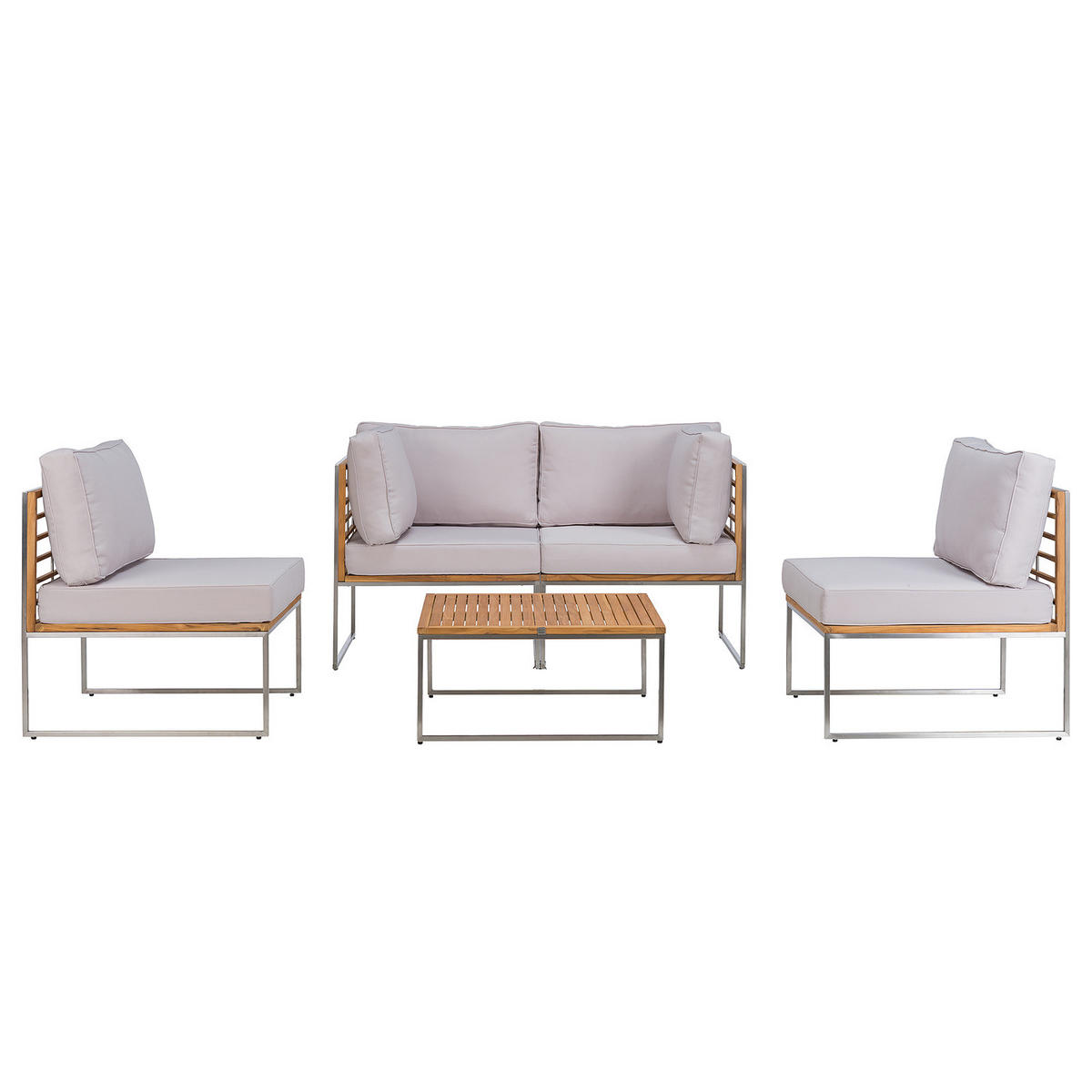 LOUNGEGRUPPE - 5-teilig - Webstoff / Teak massiv - Hellgrau, Holz/Textil - home24