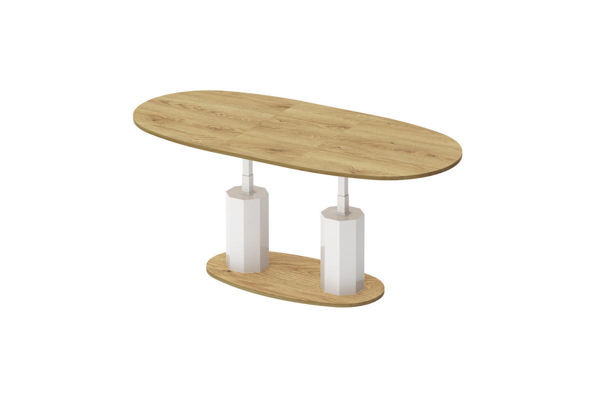 COUCHTISCH Eiche Natur Weiß Hochglanz oval ausziehbar höhenverstellbar - Eichefarben/Weiß Hochglanz, Holzwerkstoff (80/130/54cm) - designimpex
