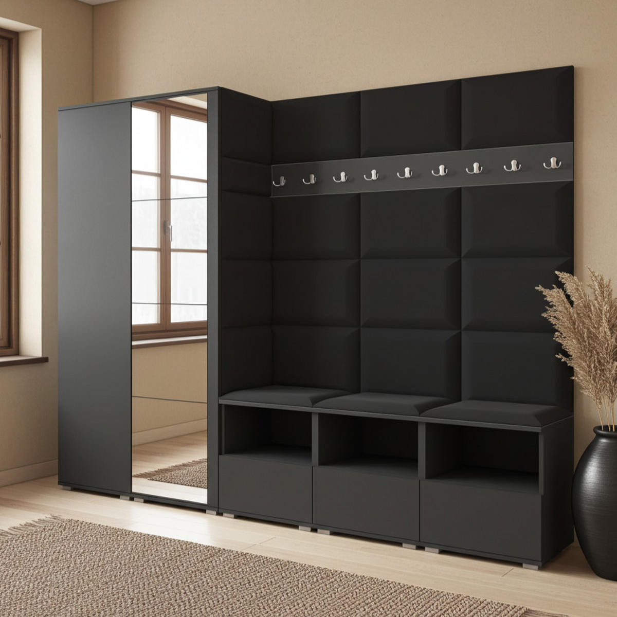 GARDEROBE NELA VII 250 cm (Modulare Flurmöbel XL Graphit mit Spiegel & Sitzpolster Schwarz 16 Universell) - Silberfarben/Schwarz, Holz/Holzwerkstoff (250/187/40cm) - Ravio