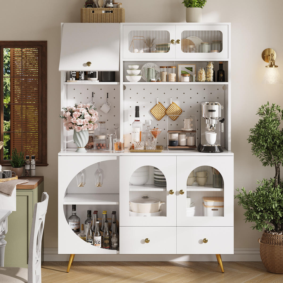 HIGHBOARD in Weiß Küchenschrank mit LED-Lichtleiste und Schubladen für Küche und Wohnzimmer, B120/T40/H176 cm - Goldfarben/Weiß, Glas/Holzwerkstoff (120/176/40cm) - STILVORA