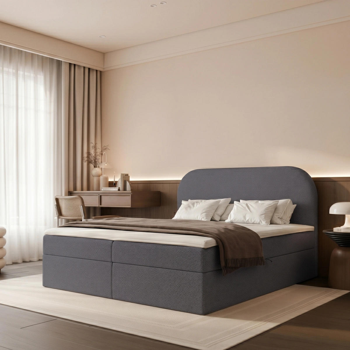BOXBETT FUZZI 200x200 cm Dunkelgraublau (Stoff Lumi) - mit 2 Bettkästen, Bonellmatratze und weichem Kopfteil - Blau/Dunkelgrau, Holzwerkstoff/Textil (200/200cm) - Ravio
