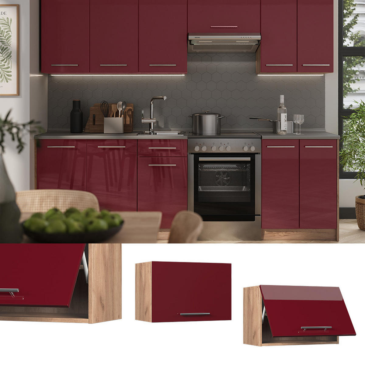 NÁSTENNÁ SKRINKA Fame-Line, Bordeaux vysoký lesk/Dub Goldkraft, 60 cm - dub medový/bordová, kompozitné drevo (60/40/34.1cm) - Vicco