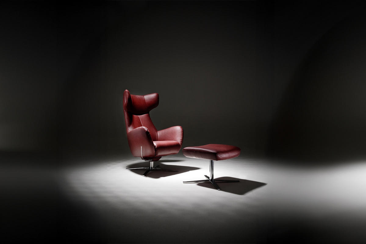 DREHSESSEL INKL. HOCKER RANDY Rot Leder - Silberfarben/Rot, Leder (79/117/96cm) - KAWOLA