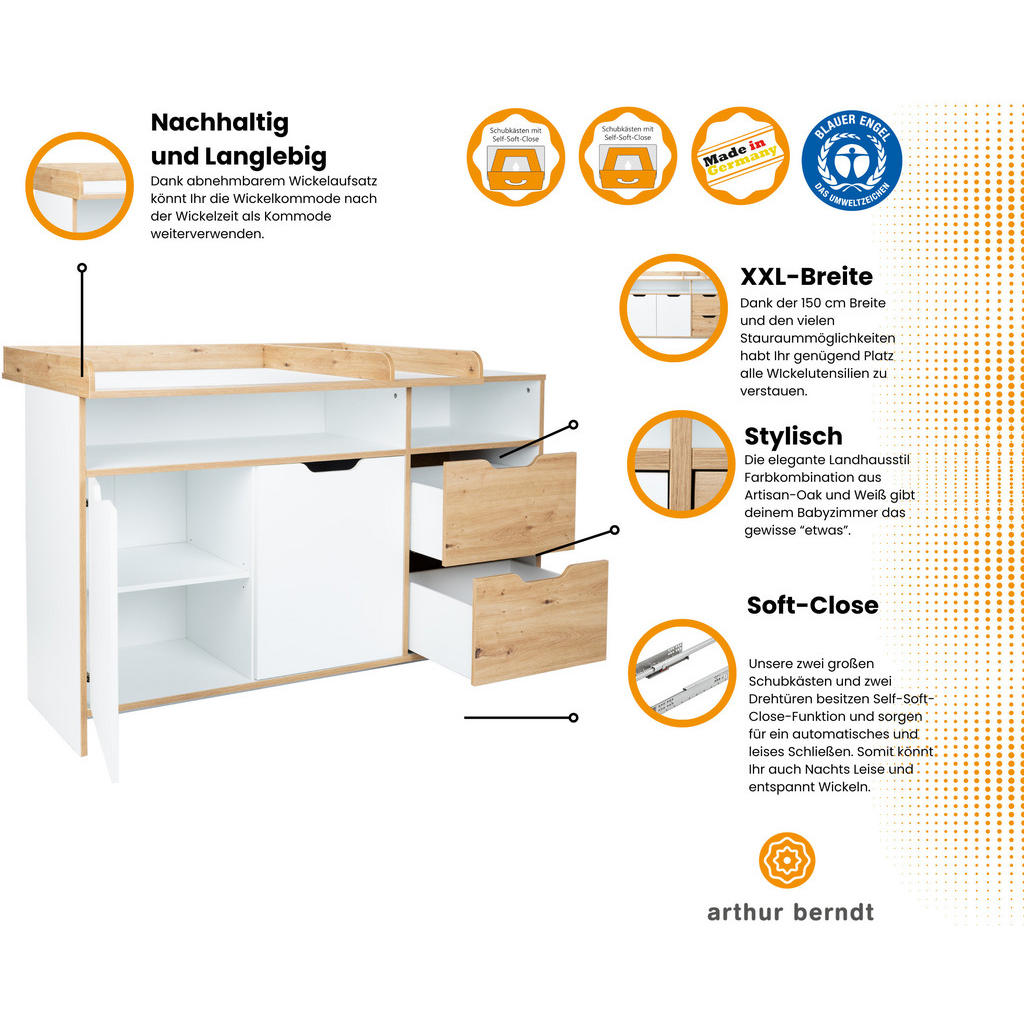 Thumbnail - arthur berndt Xxl-Wickelkommode, Eiche Artisan, Weiß, Keramik, 1 Fächer, 2 Schubladen, 150x101x79 cm, Blauer Engel, Herg...
