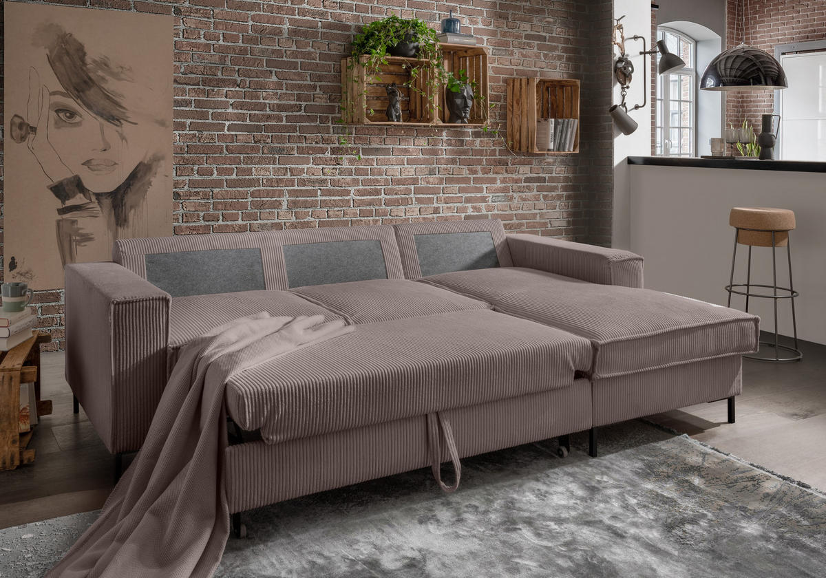 ECKSOFA mit Schlaffunktion, Bettkasten, Wellenunterfederung, Récamiere rechts B240/T150/H92 cm, Liegefl. 125x198 cm, Cord Braun Taupe / 17222 - Taupe/Schwarz, Textil/Metall (240/150cm) - luma-home