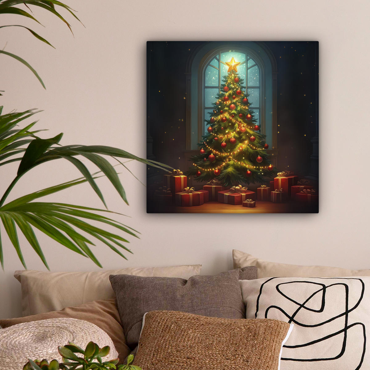 LEINWANDBILD Weihnachtsbaum - Geschenk - Winter Wandbild Wohnzimmer 50x50 cm - Grün, Textil (50/50cm) - MuchoWow