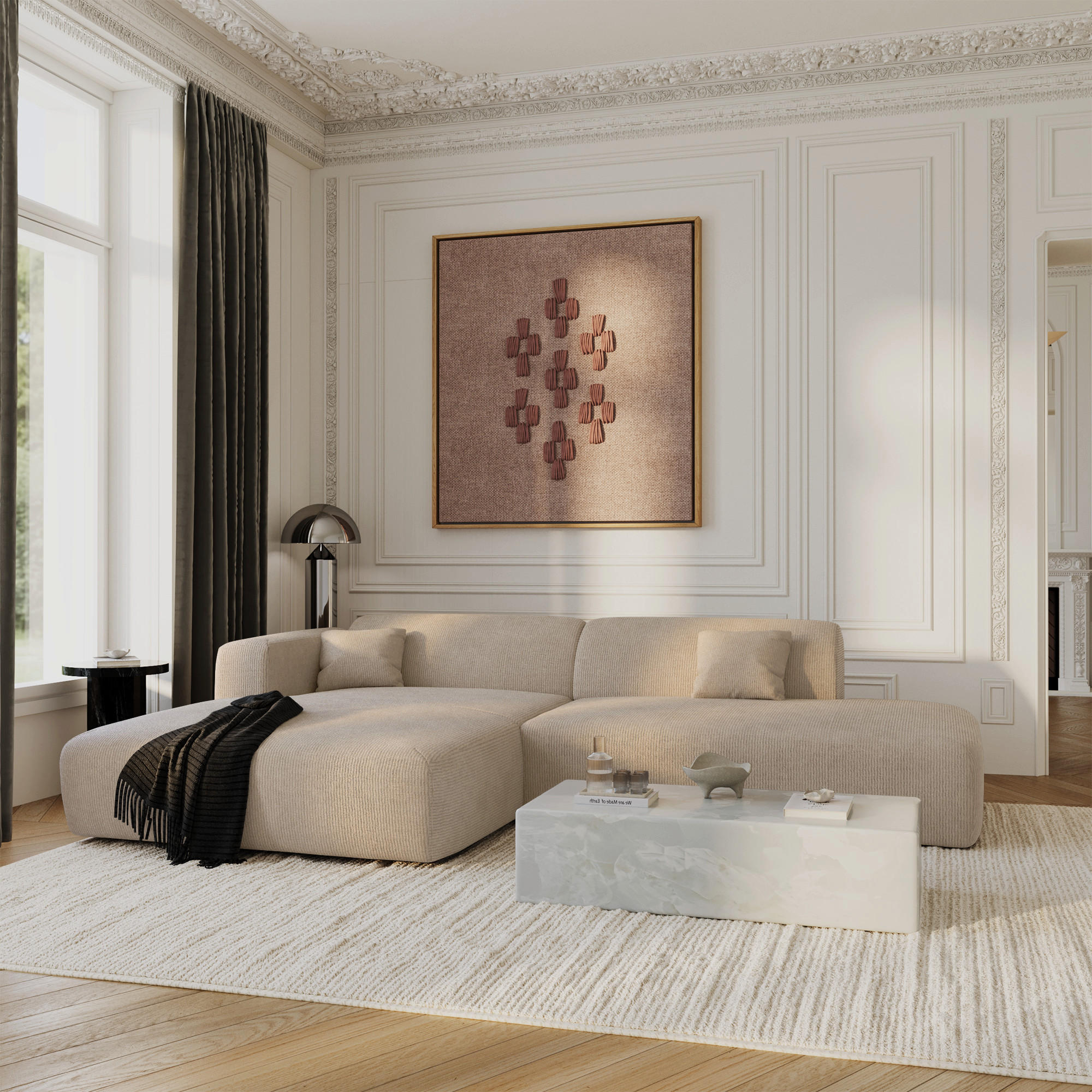 ECKSOFA LINKS Gerippter Samt Beige 310cm - Beige, Textil (300/96cm) - Sia Home