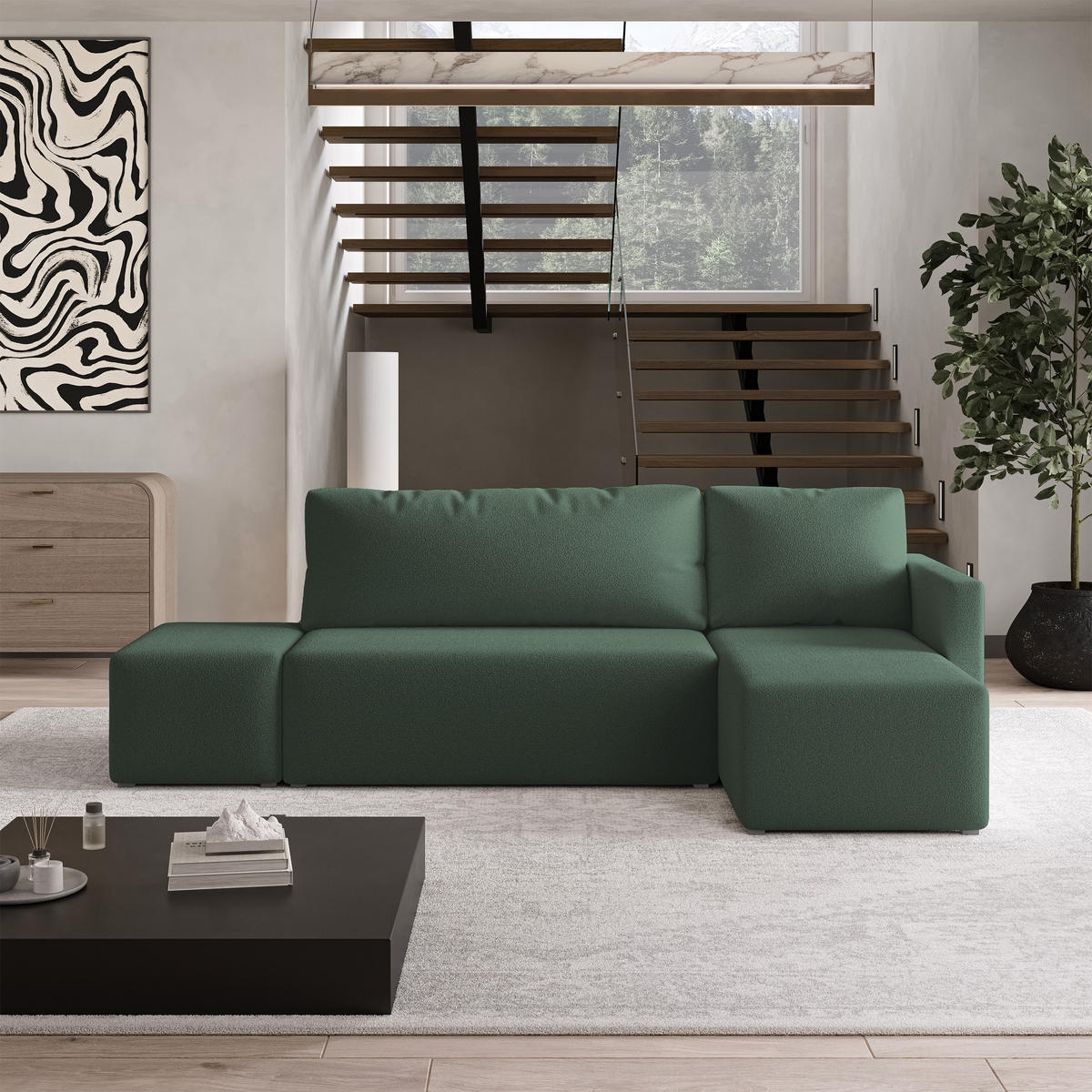 ECKSOFA VELOTTI R-S Grün Boucle-Stoff mit Schlaffunktion - Grün, Holz (261/143cm) - MASSENO