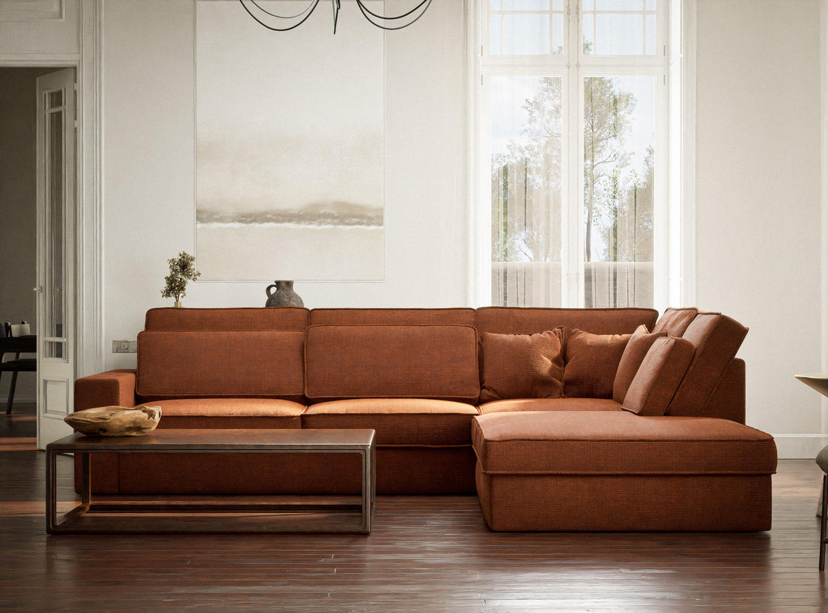 ECKSOFA Kirou Kupferfarbe Chenille-Stoff - Rechts Seite - Schwarz/Kupferfarben, Holz/Holzwerkstoff (311/225cm) - Maison de Reve