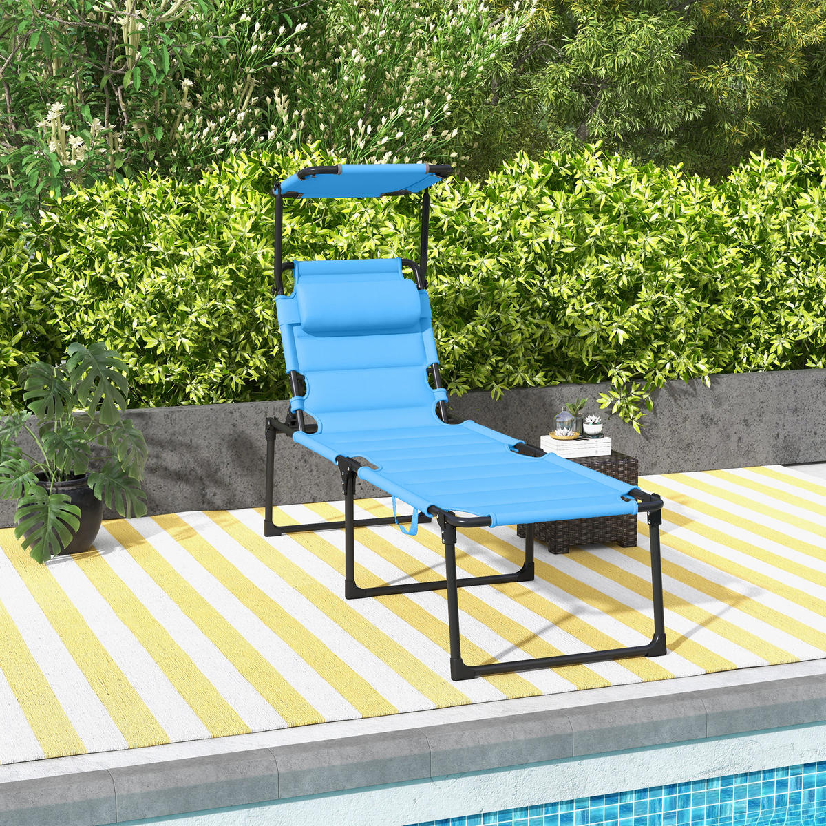 SONNENLIEGE mit verstellbarem Sonnendach 4-fach verstellbarer Rückenlehne und Kopfstütze Hellblau 70x200x45 cm - Hellblau, Metall (70/45/200cm) - Vallsero