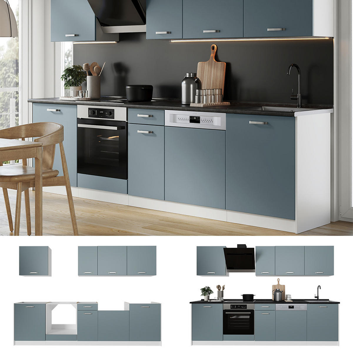 KÜCHENZEILE R-Line, Blau-Grau/Weiß, 280 cm Arbeitsplatte Anthrazit - Blaugrau/Weiß, Holzwerkstoff (280/206.8/60cm) - Vicco
