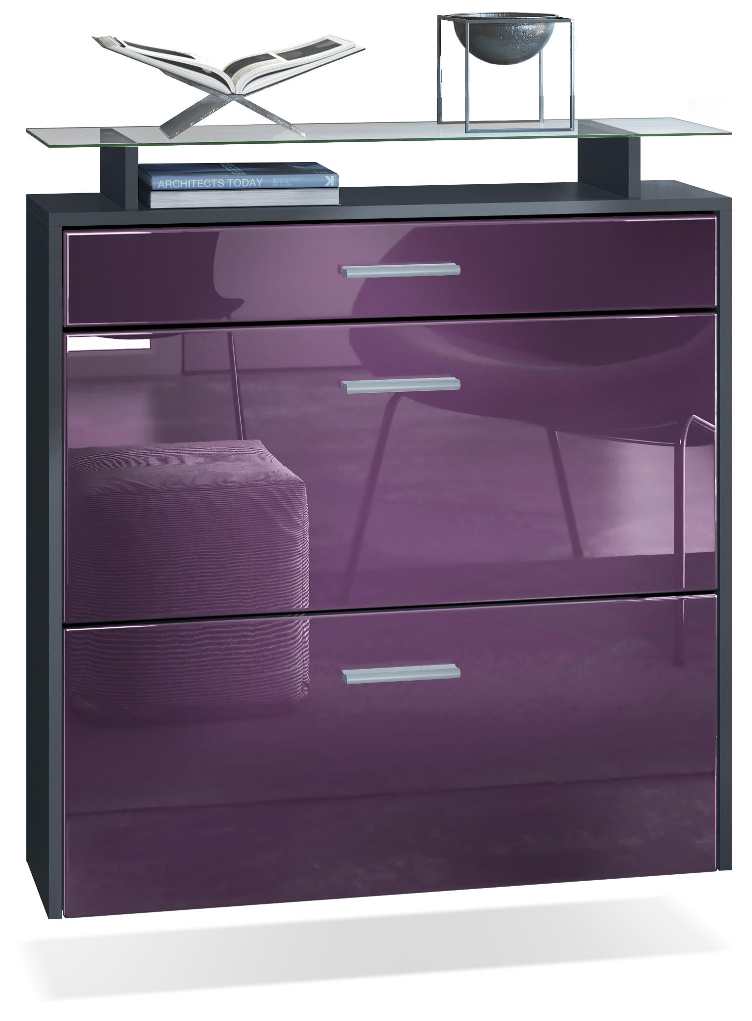 SCHUHSCHRANK Malea Fronten in Brombeer Hochglanz - Brombeere, Holzwerkstoff (89/96/23cm) - Vladon