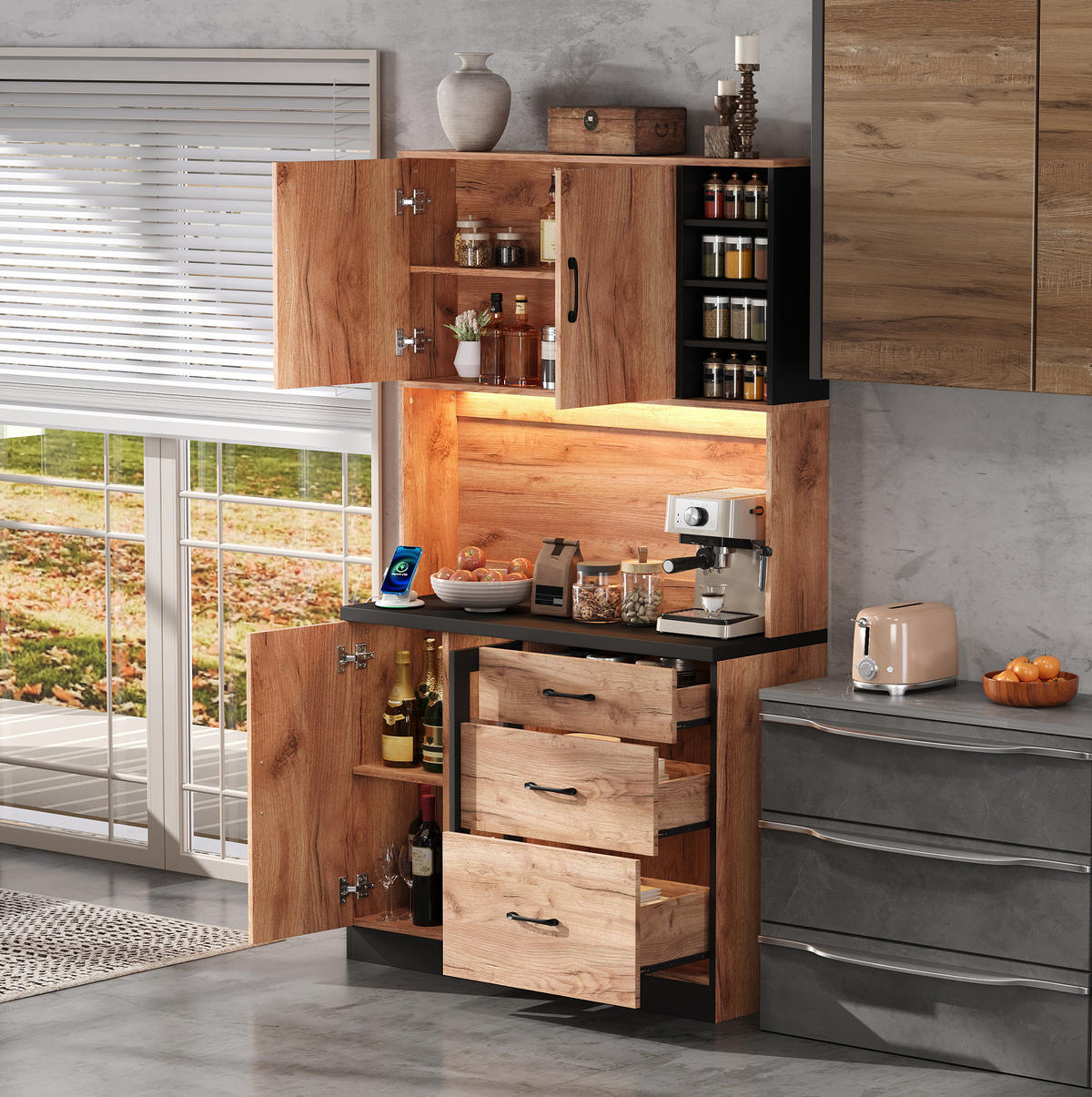 KÜCHENHOCHSCHRANK mit LED und Steckdose MDF Neutral - Braun, Holzwerkstoff (40/180/105cm) - Meubliv