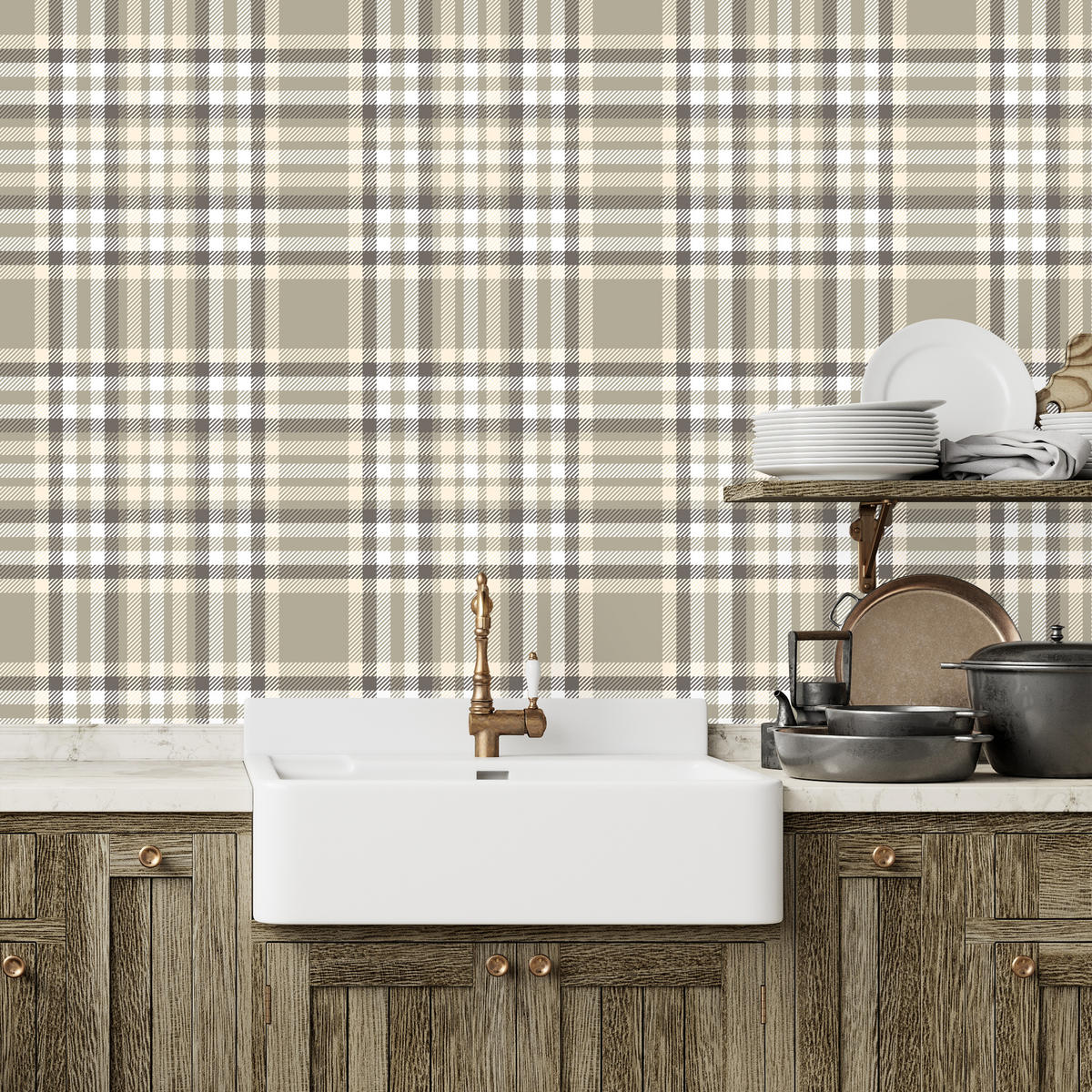 VLIESTAPETE Schottenkaro im Vintage-Stil – Braun, Beige, Weiß – 50x1000 cm - Beige/Braun, Papier (50/1000cm) - Muralo