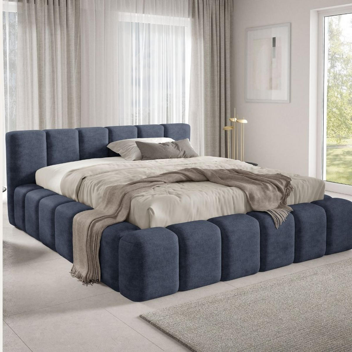 POLSTERBETT KALLA Premium 160x200 cm mit Bettkasten – PERFECT HARMONY 77 - Dunkelblau, Holz - Dekori_Interiors