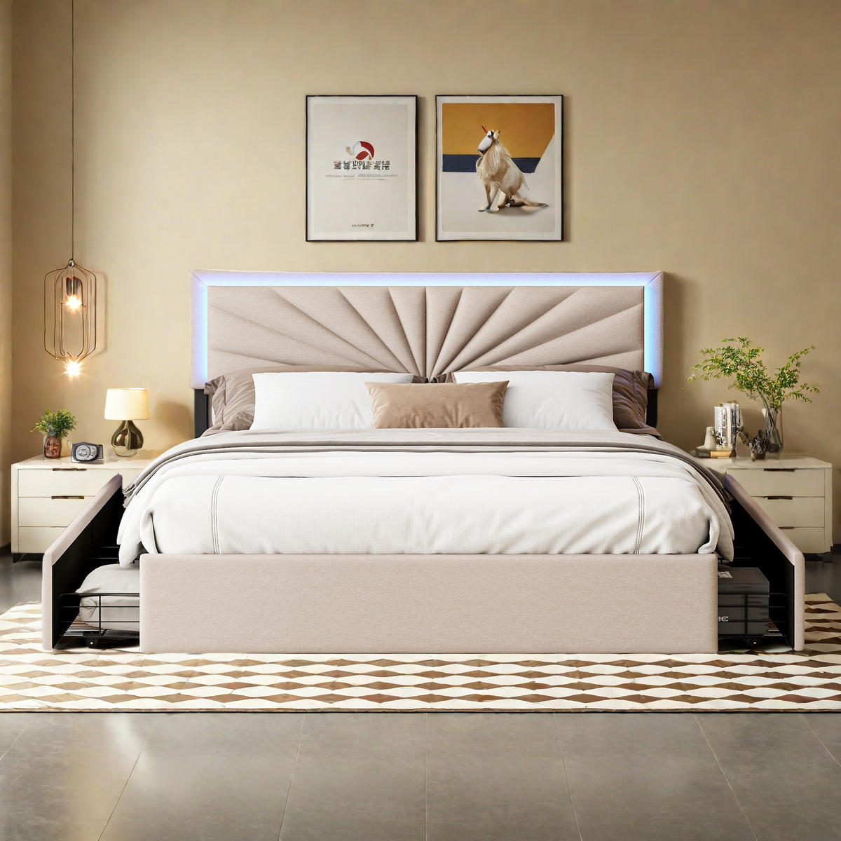 POLSTERBETT 140x200 cm Beige LED höhenverstellbar 4 Schubladen - Beige, Metall (140/200cm) - SHOPENTRA