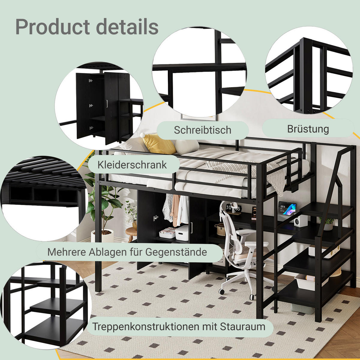 HOCHBETT aus Metall und MDF 140x200 cm Schwarz mit Kleiderschrank, Regalen, Ablageleiter und Schreibtisch - Schwarz, Metall (90/180cm) - Modfu