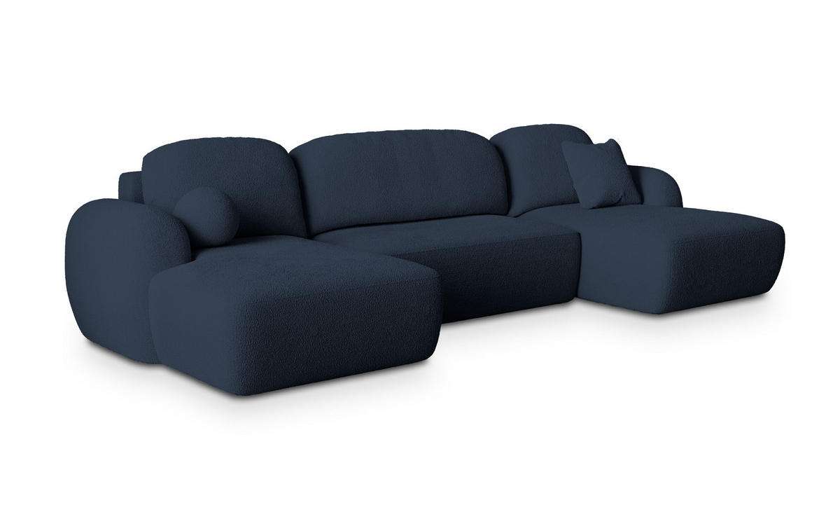 WOHNLANDSCHAFT SAVONA N Blau Boucle-Stoff mit Schlaffunktion - Blau, Holz (350/90/148cm) - MASSENO