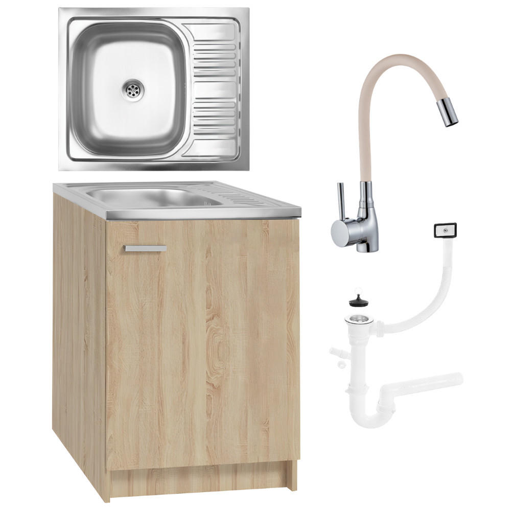 SPÜLUNTERSCHRANK 60cm mit Spüle + Armatur + Siphon Sonoma-Eiche - Sonoma Eiche, Holzwerkstoff (60/82/50cm) - Stamar