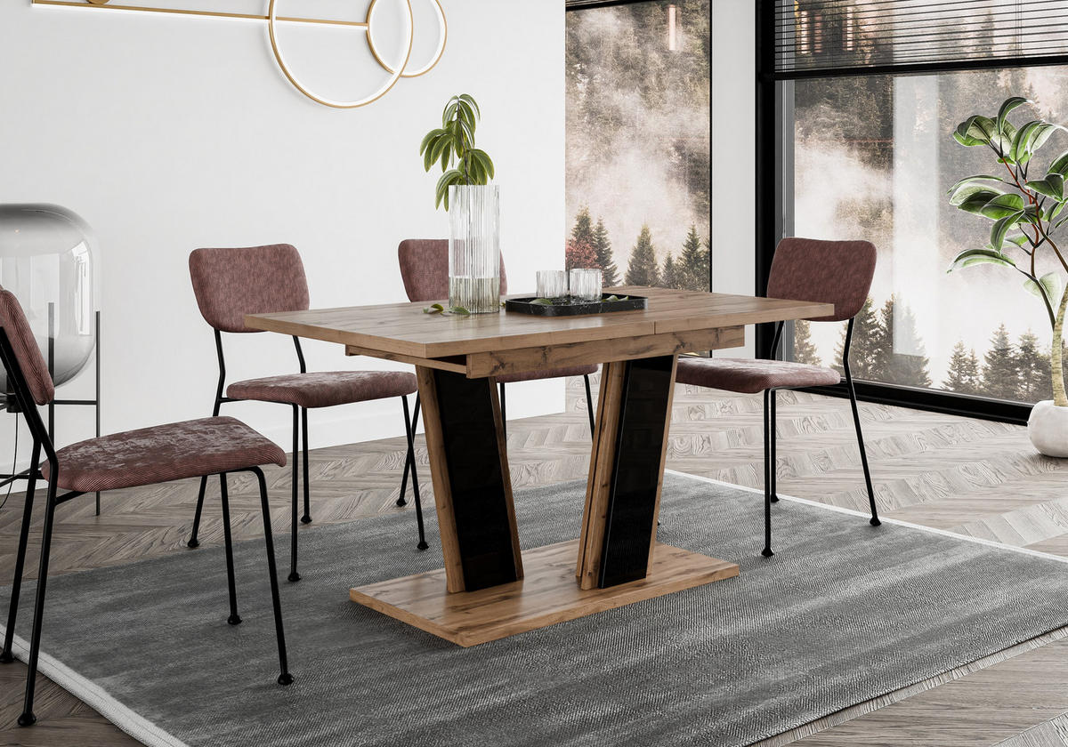 ESSTISCH BORSEN Ausziehbar 120 - 160 / 80 x 76 cm - Schwarz Hochglanz/Eiche Wotan, Holz (120/80/76cm) - MASSENO