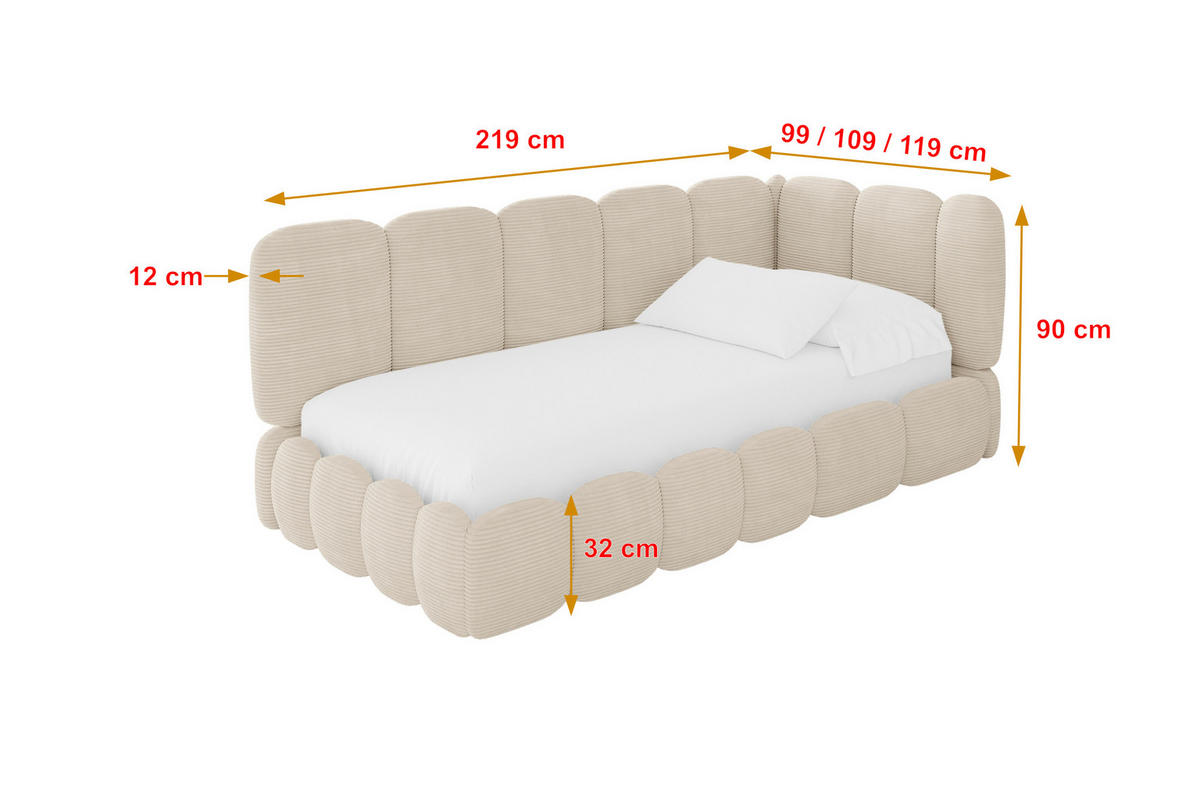 EINZELLBETT Jugendbett mit Bettkasten und Matratze H3/H4, Links - AVRY 80x200 Beige - Creme, Holzwerkstoff/Textil (80/200cm) - ALTDECOR