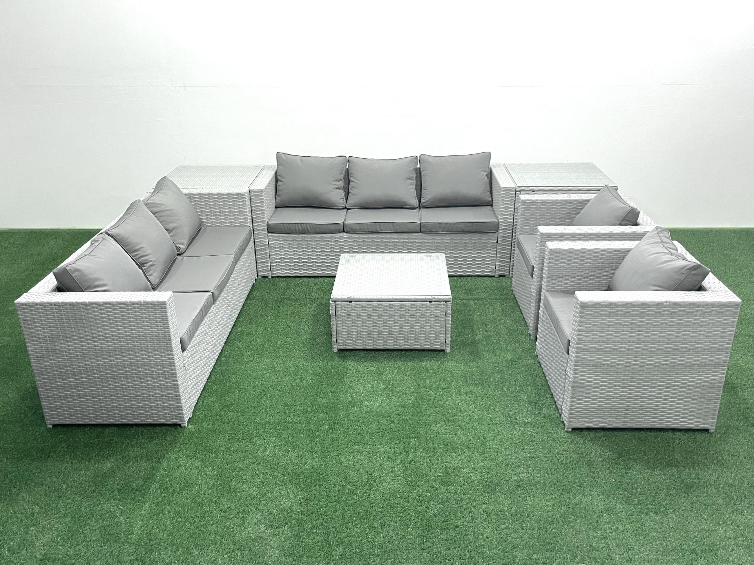 GARTENMÖBEL-SET mit Kissen Polyrattan Hellgrau-Mix 8-Sitzer - Hellgrau/Grau, Glas/Kunststoff - Fimous
