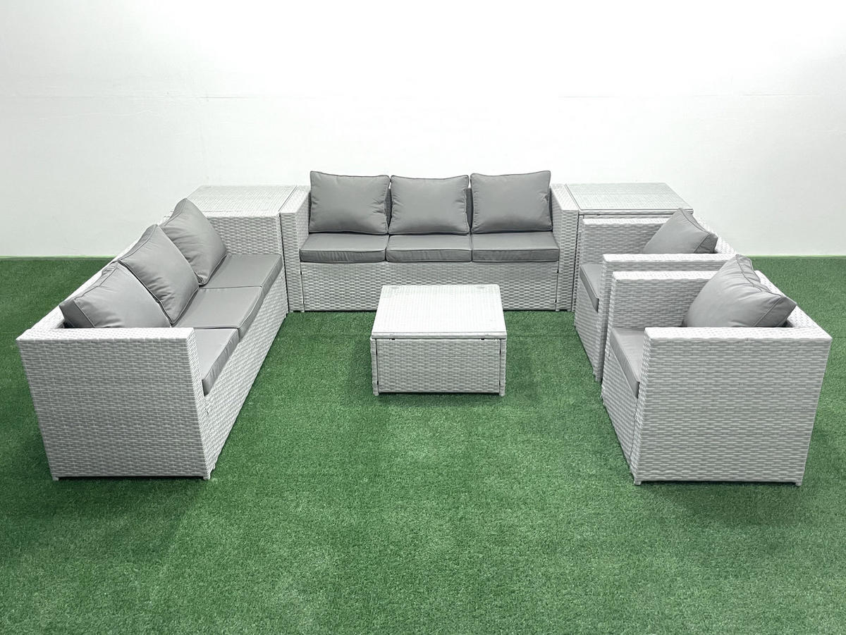 GARTENMÖBEL-SET mit Kissen Polyrattan Hellgrau-Mix 8-Sitzer - Hellgrau/Grau, Glas/Kunststoff - Fimous