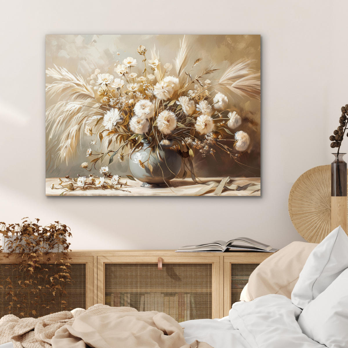 KOVOVÝ OBRAZ Kvety - Váza - Zátišie - Béžová 80x60 cm - krémová, kov (80/60cm) - MuchoWow