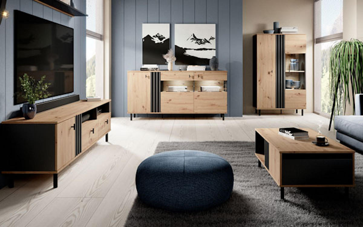 WOHNZIMMER-SET Madis sand grange eiche / anthrazit 4-teilig - Braun, Holz/Holzwerkstoff (420.3/148.8/40cm) - Feldmann-Wohnen