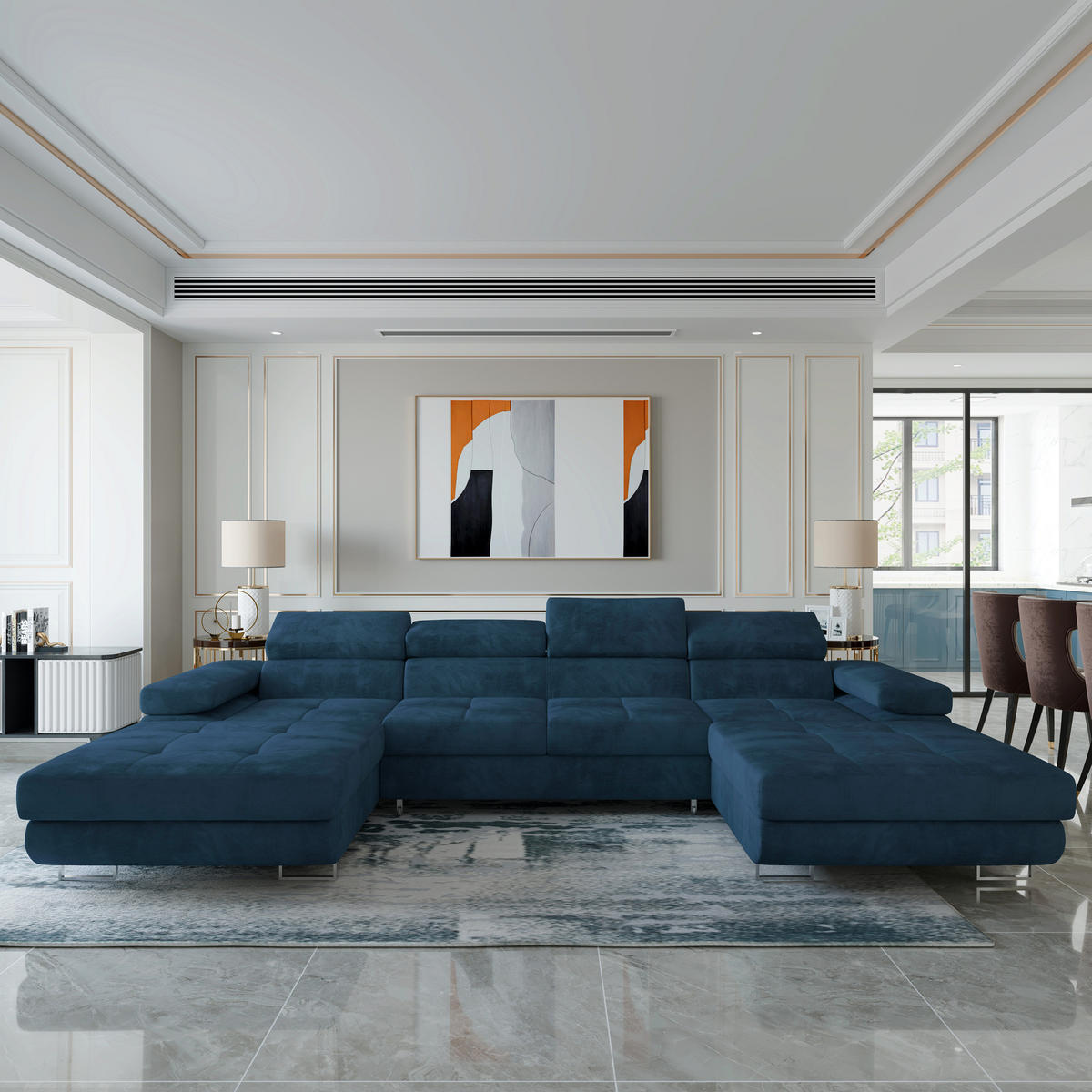 ROHOVÁ SEDAČKA LYKKE modrá - modrá/stříbrná, kov/dřevo (353/202cm) - MASSENO