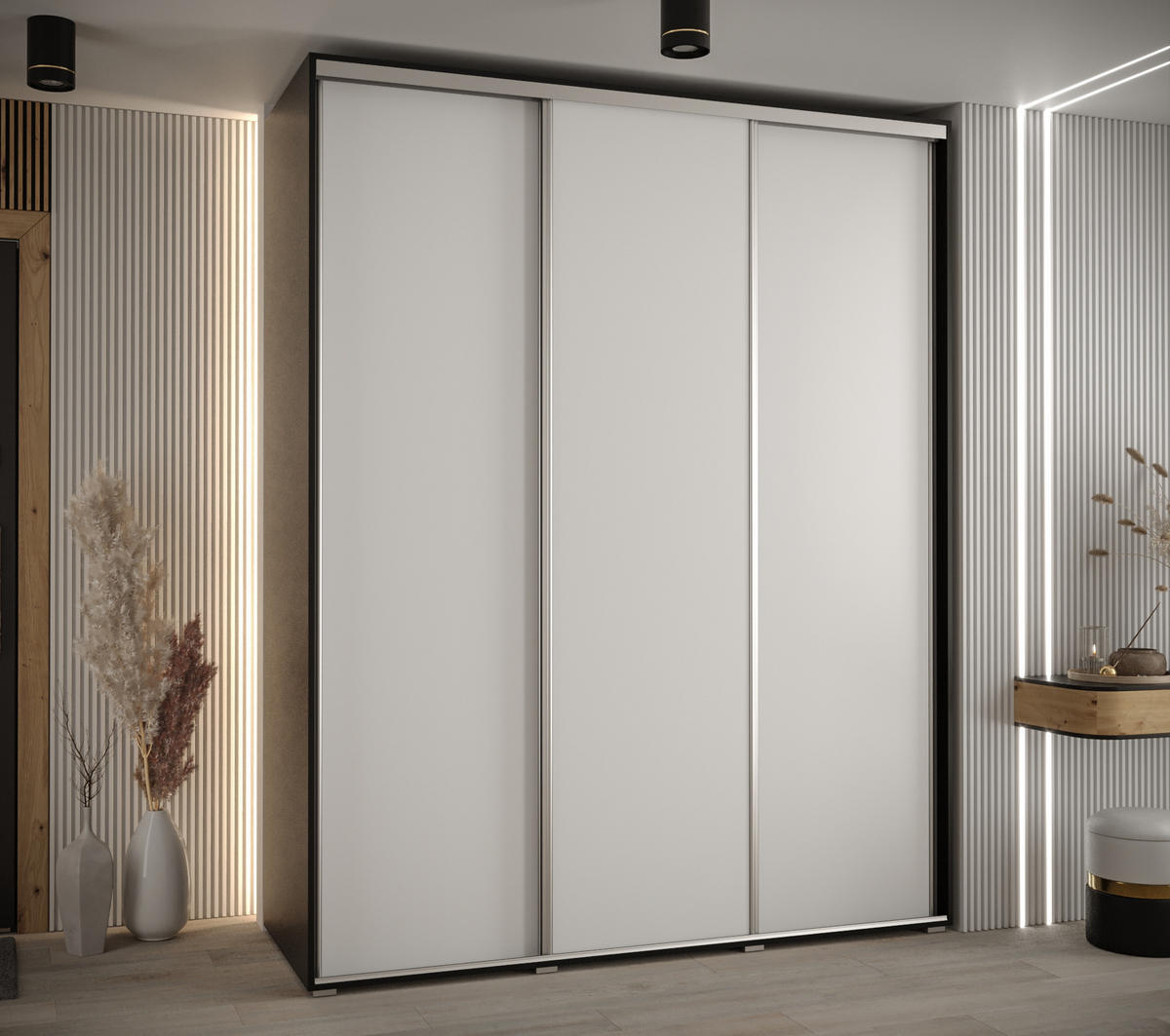 SCHWEBETÜRENSCHRANK 235,2/200/60 3-türig - Silberfarben/Schwarz, Holz/Metall (200/235/60cm) - Abiks Möbel