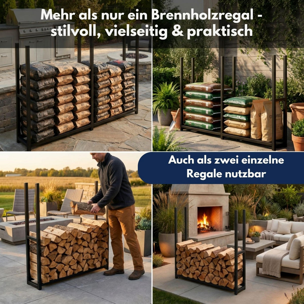 BRENNHOLZREGAL HANS Metall Schwarz 335/25/115 cm - Schwarz, Metall (25/115/335cm) - Coemo