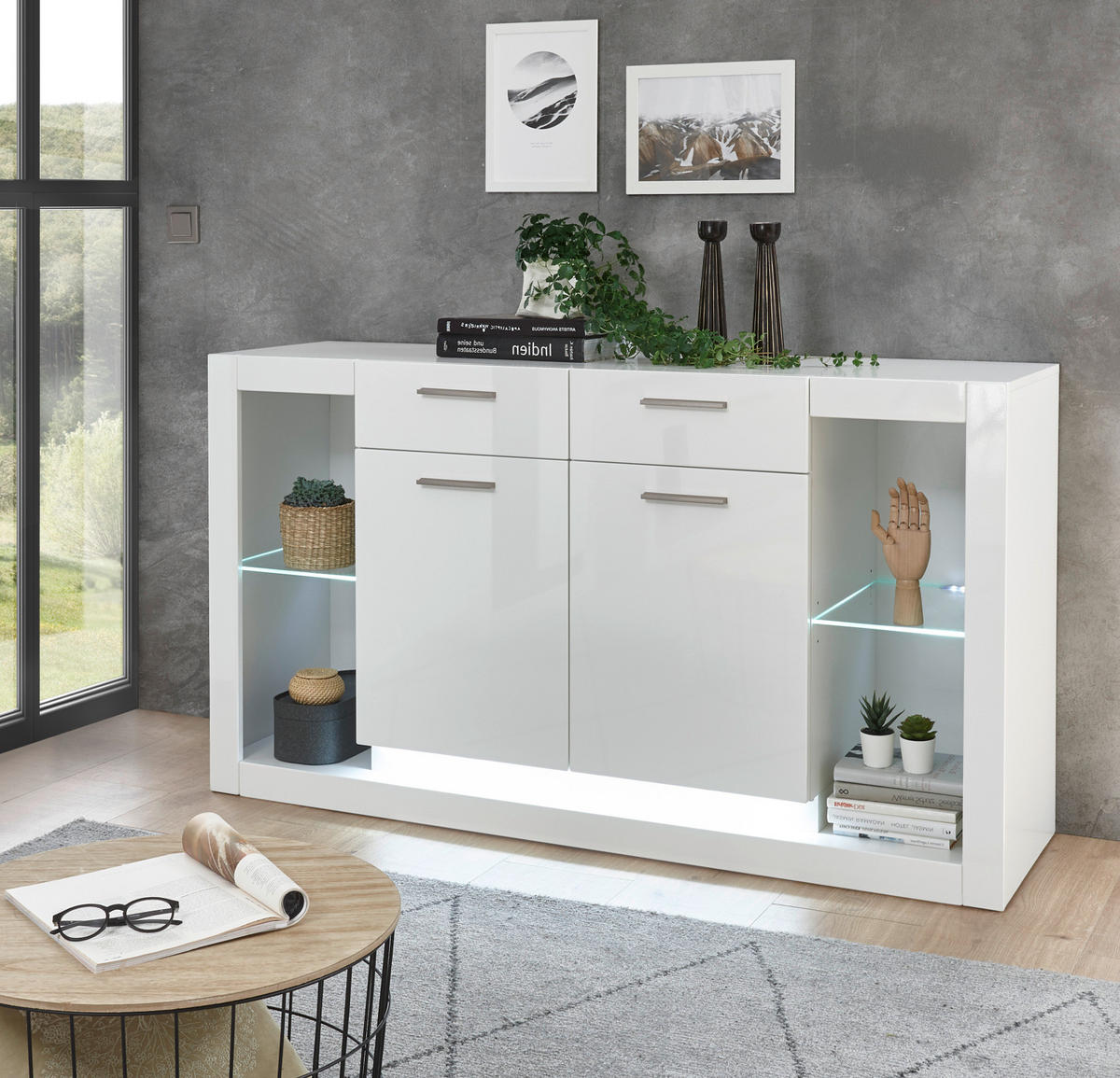 SIDEBOARD weiß Hochglanz 150 cm, Kommode mit viel Stauraum - Weiß Hochglanz/Silberfarben, Glas/Holzwerkstoff (150/83/43cm) - Furn.Design