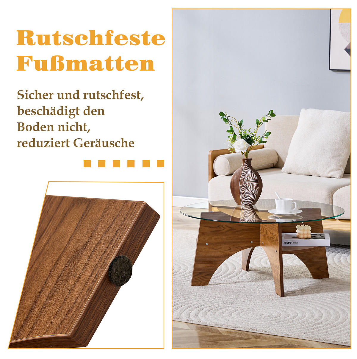 BEISTELLTISCH 80/80/36 cm mit Sicherheitsglasplatte und fächerförmigem MDF-Gestell in Nussbaum-Optik, Transparent/Walnuss - Walnussfarben, Holzwerkstoff (80/80/36cm) - Redom