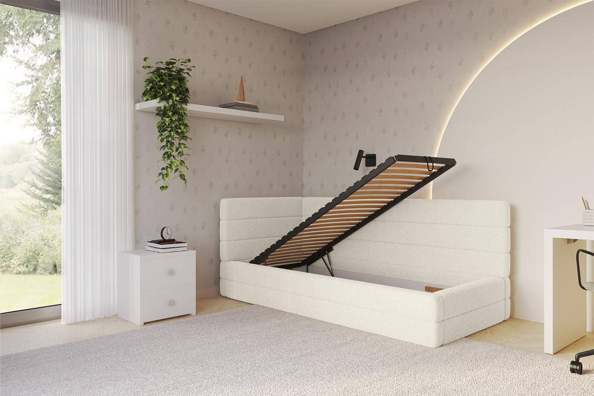 EINZELLBETT Jugendbett mit Bettkasten, Rechts - BEMY 90x200 Beige - Perlmutt, Holzwerkstoff/Textil (90/200cm) - ALTDECOR