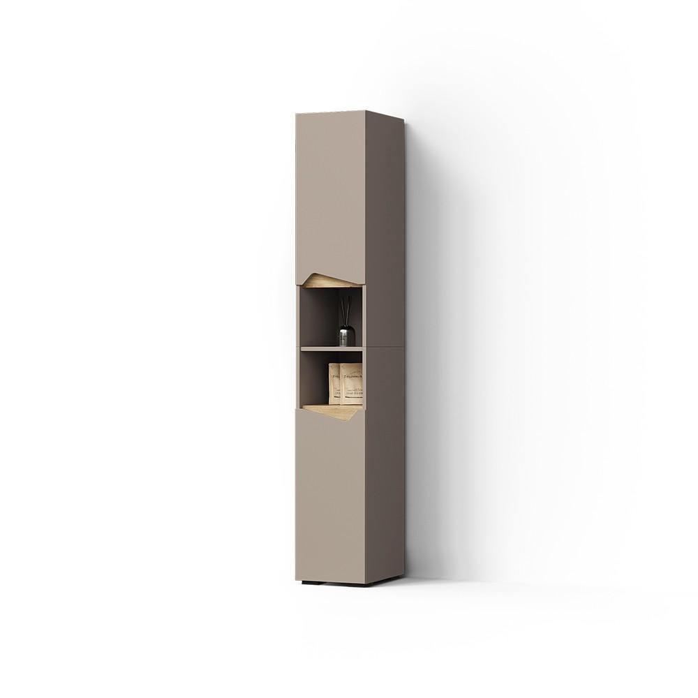 BADSCHRANK Timavo Greige 30 x 180 cm mit Türen, und offenen Fächern - Greige/Grau, Holzwerkstoff (30/180/35cm) - Livinity®