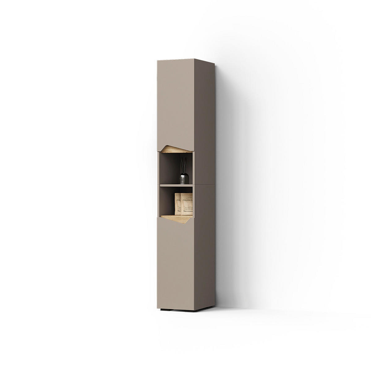 BADSCHRANK Timavo Greige 30 x 180 cm mit Türen, und offenen Fächern - Greige/Grau, Holzwerkstoff (30/180/35cm) - Livinity®