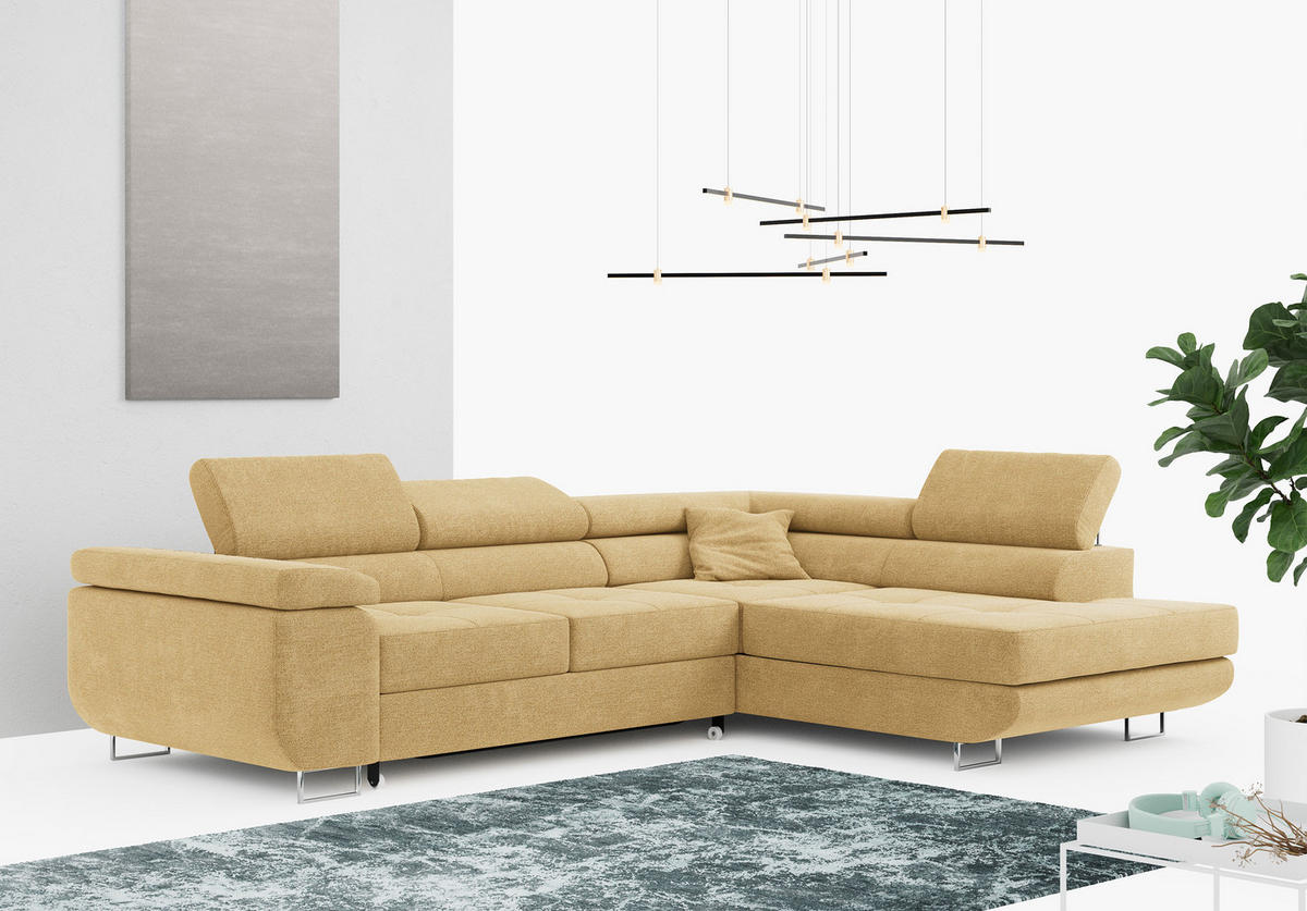 ROHOVÁ SEDAČKA GUSTAW L - Žlutý Strukturovaná látka - Pravá Strana - stříbrná/žlutá, kov/textil (205/275cm) - MKS