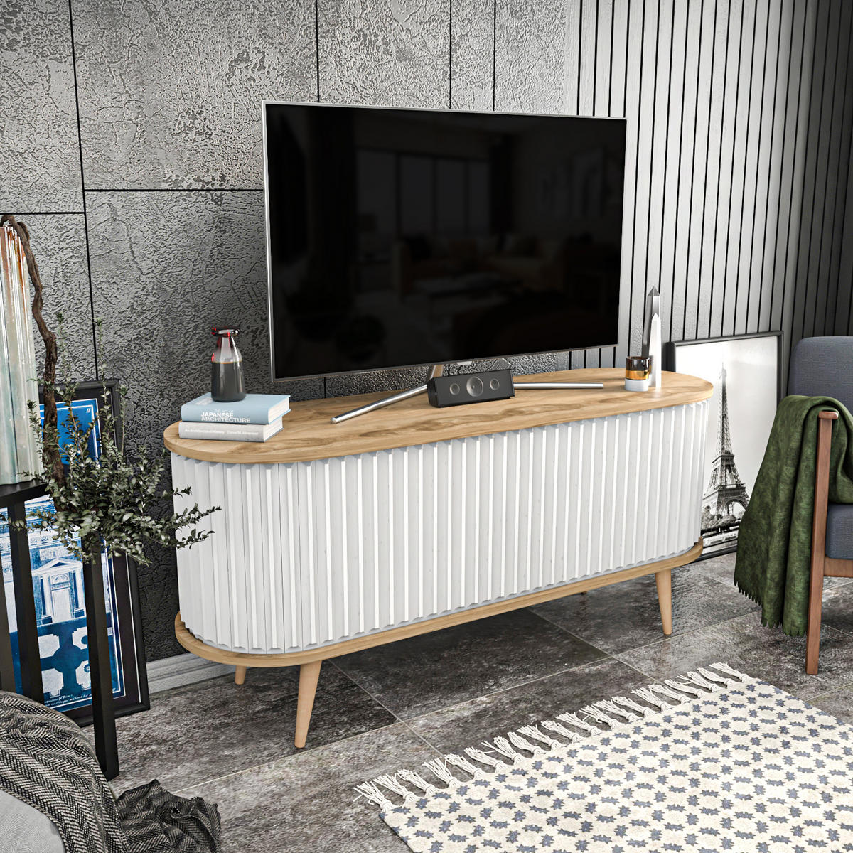 TV-ELEMENT Stor Weiß Braun - Braun/Weiß, Holz/Holzwerkstoff (43/64/140cm) - Decorotika