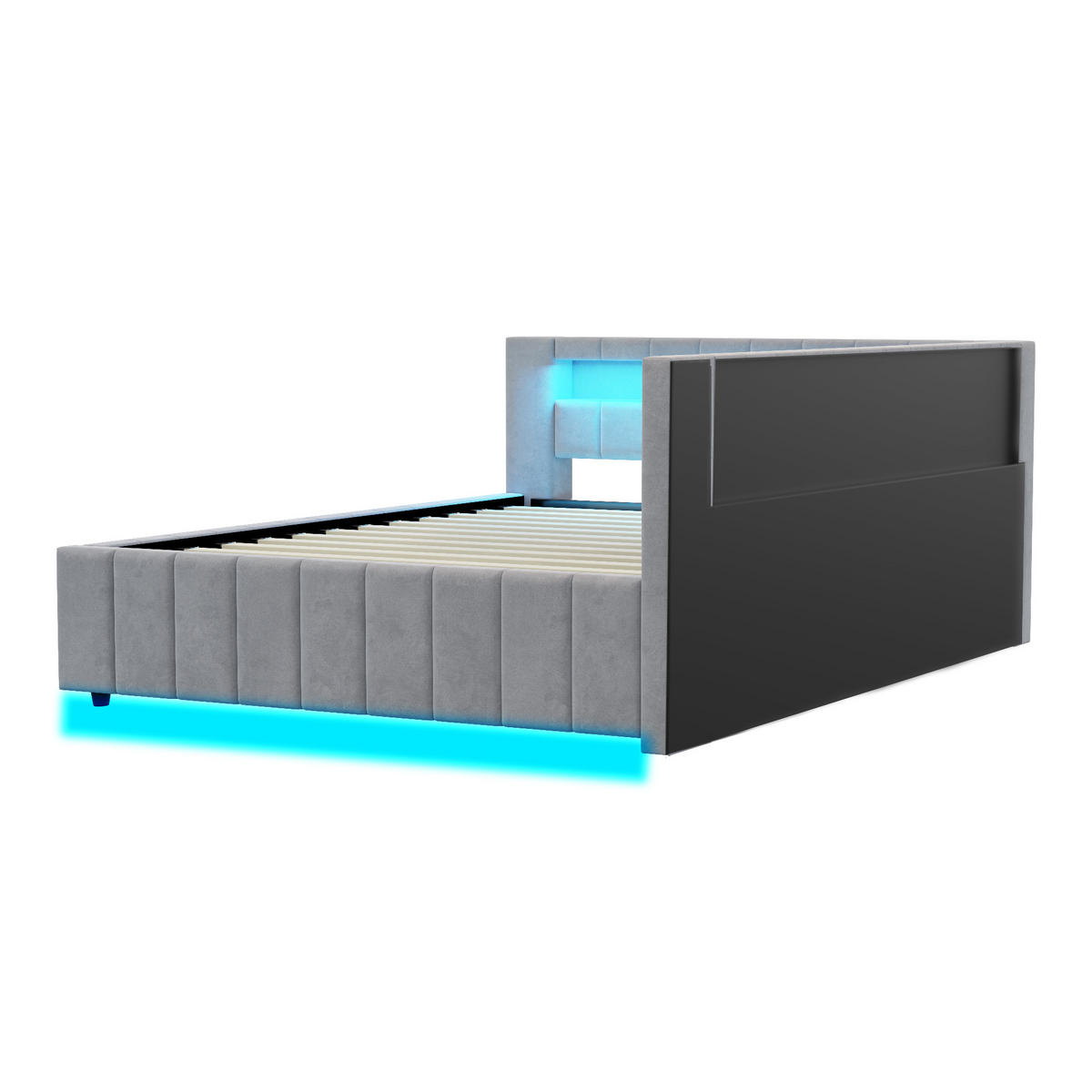 SCHLAFSOFA 140/200 cm in Hellgrau Samt mit Bettkasten, LED und USB - Hellgrau, Holzwerkstoff/Textil (140/200cm) - WISHDOR
