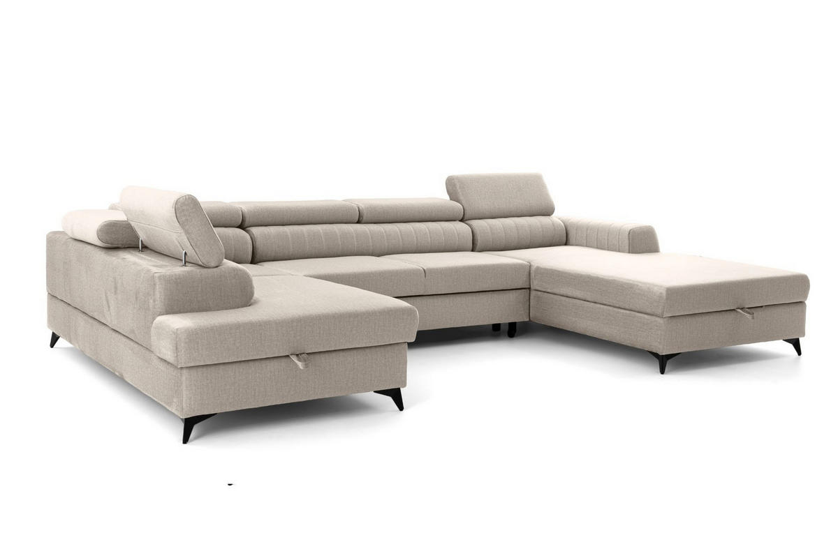 ECKSOFA U-Form PIERO U Links mit Schlaffunktion 125x260 Velours Creme - Creme/Schwarz, Holz/Textil (350/90/203cm) - Muffo