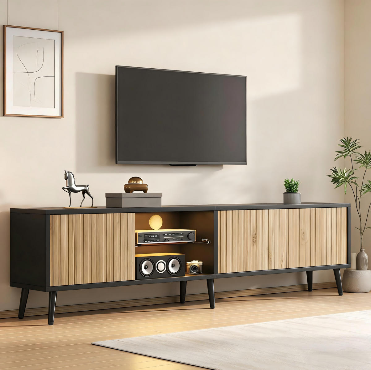 TV-LOWBOARD 175/31/43,5 cm naturfarben/schwarz aus Spanplatte mit LED - Naturfarben, Holzwerkstoff (31/43.5/175cm) - OKWISH