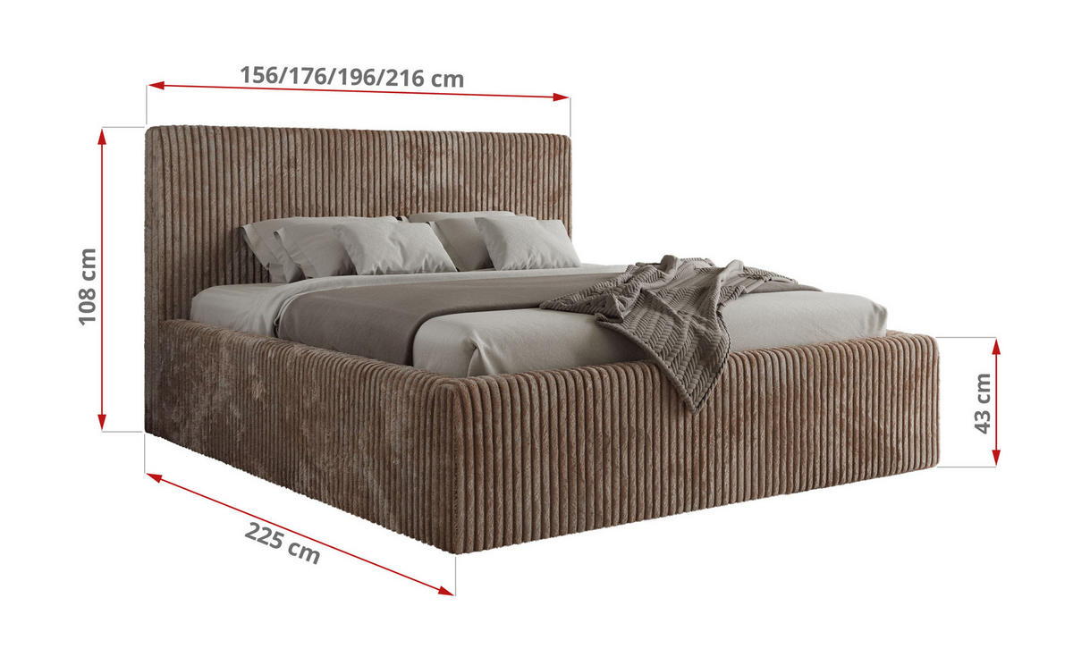 POLSTERBETT TILIANO CLASSIC 180/200 - Braun Cord - Pocket-Matratze - Braun, Textil (180/200cm) - MKS