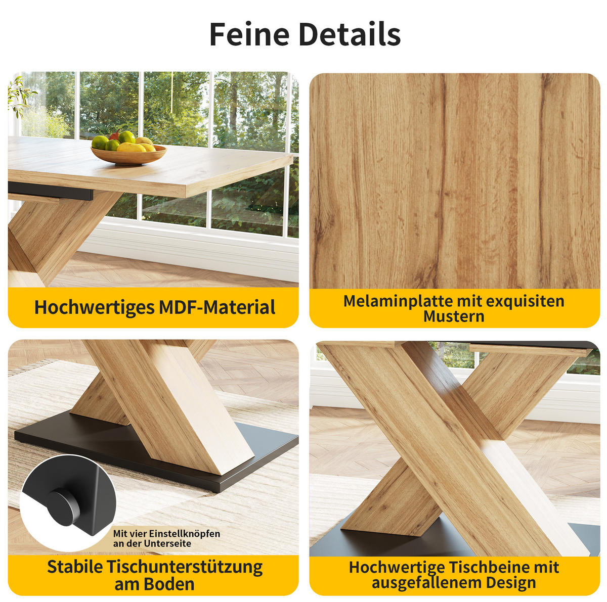 ESSTISCH aus MDF 119-158,5x80x75 cm Naturfarben ausziehbar mit gekreuztem Gestell und verstellbaren Füßen - Hellbraun, Holzwerkstoff (158.5/80/75cm) - Modfu