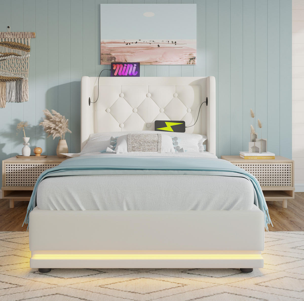 BETT mit Stauraum 90x200 cm PU Weiß mit Matratze, LED und USB-C - Weiß, Metall (90/200cm) - Meubliv
