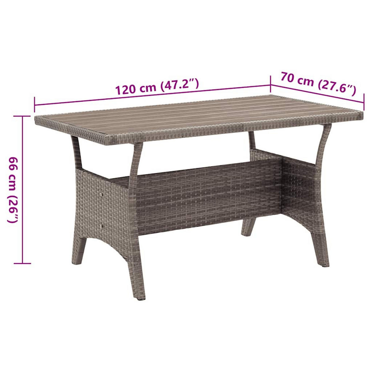 GARTENTISCH Grau 120/70/66 Cm Poly Rattan - Grau, Kunststoff (70/120/66cm) - vidaXL